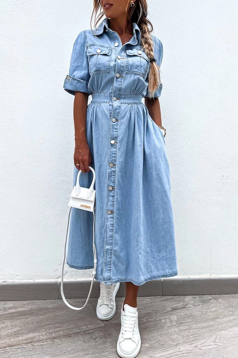 Casual Street Buttons Patchwork Turndown Collar Short Sleeve Loose Denim Dresses