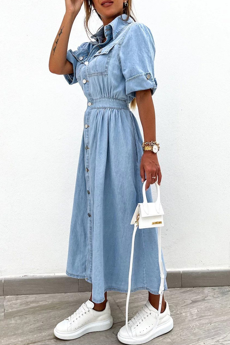 Casual Street Buttons Patchwork Turndown Collar Short Sleeve Loose Denim Dresses