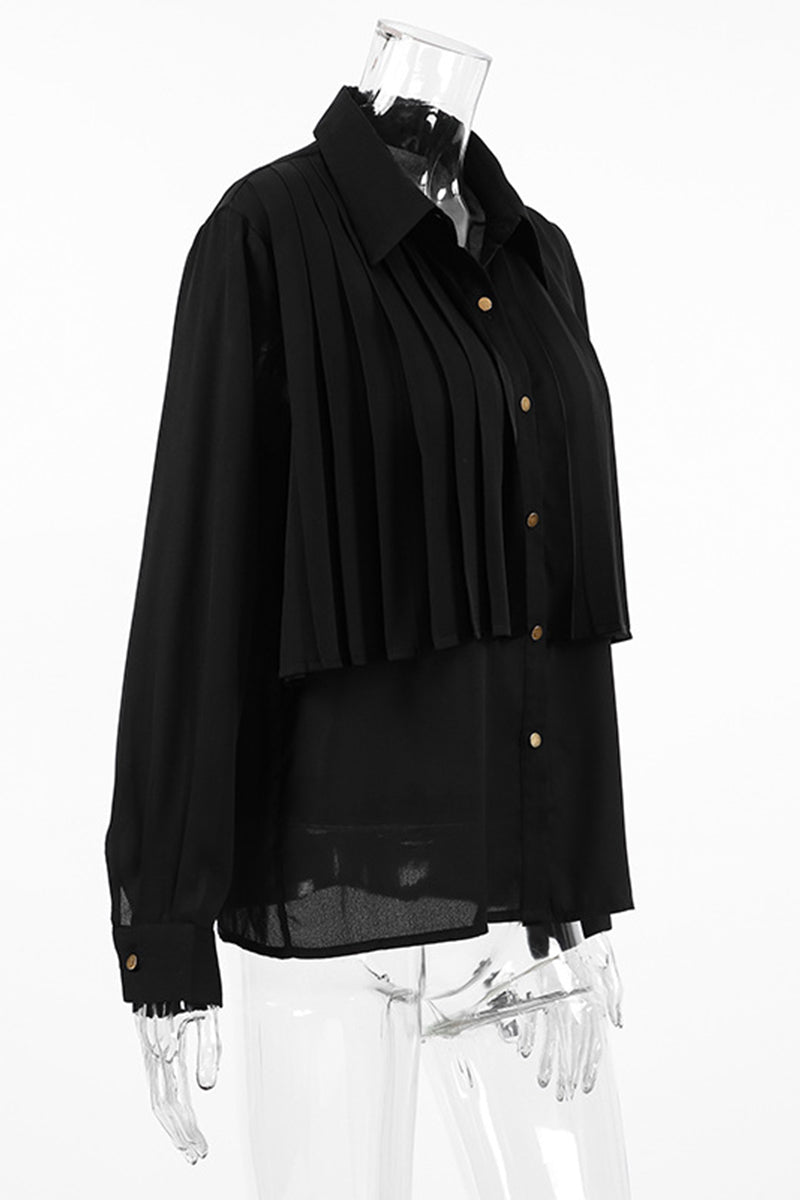 Elegant Buttons Pleated Turndown Collar Blouses