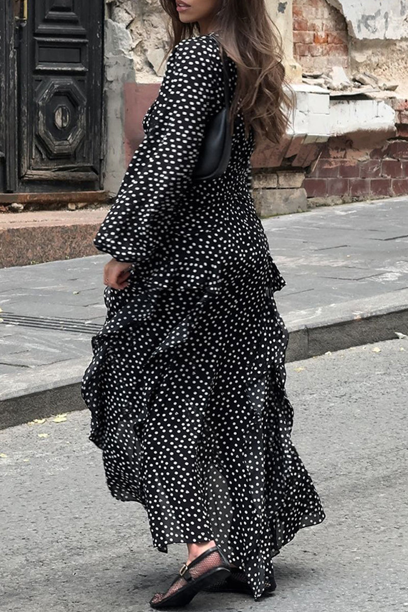 Street Elegant Polka Dot Patchwork Ruffle V Neck One Step Skirt Dresses