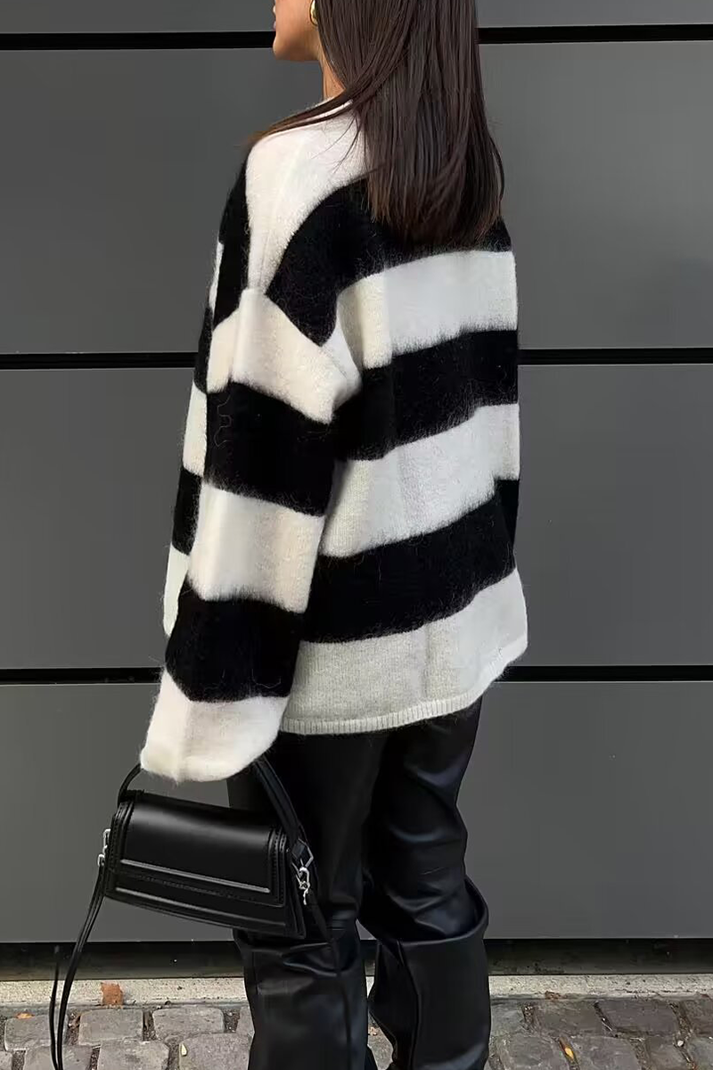 Casual Stripe Fluffy Contrast O Neck Sweaters