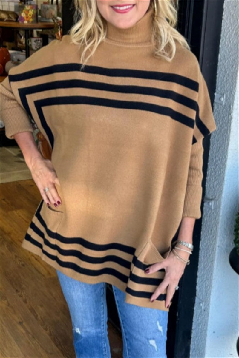 Casual Stripe Pocket Turtleneck Sweaters(6 Colors)