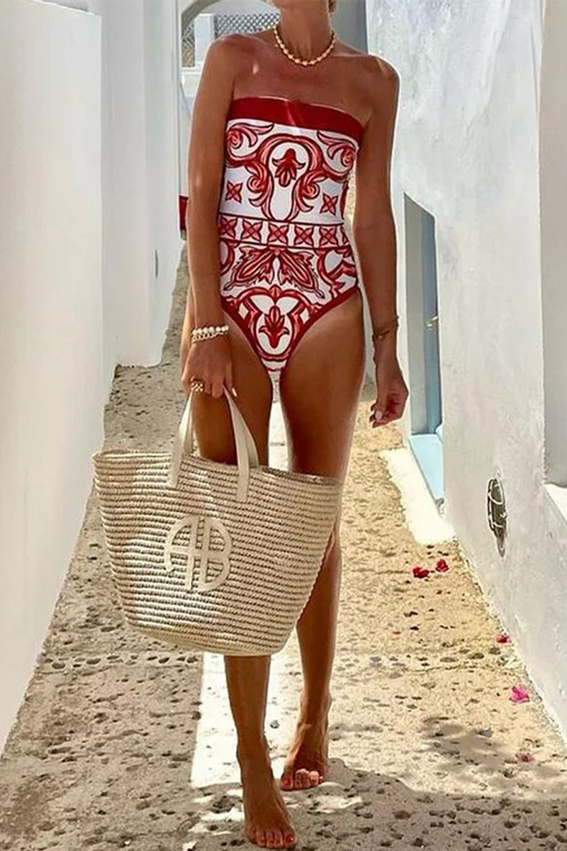 Sexy Vacation Floral Print Lace Up Strapless Sleeveless Two Pieces