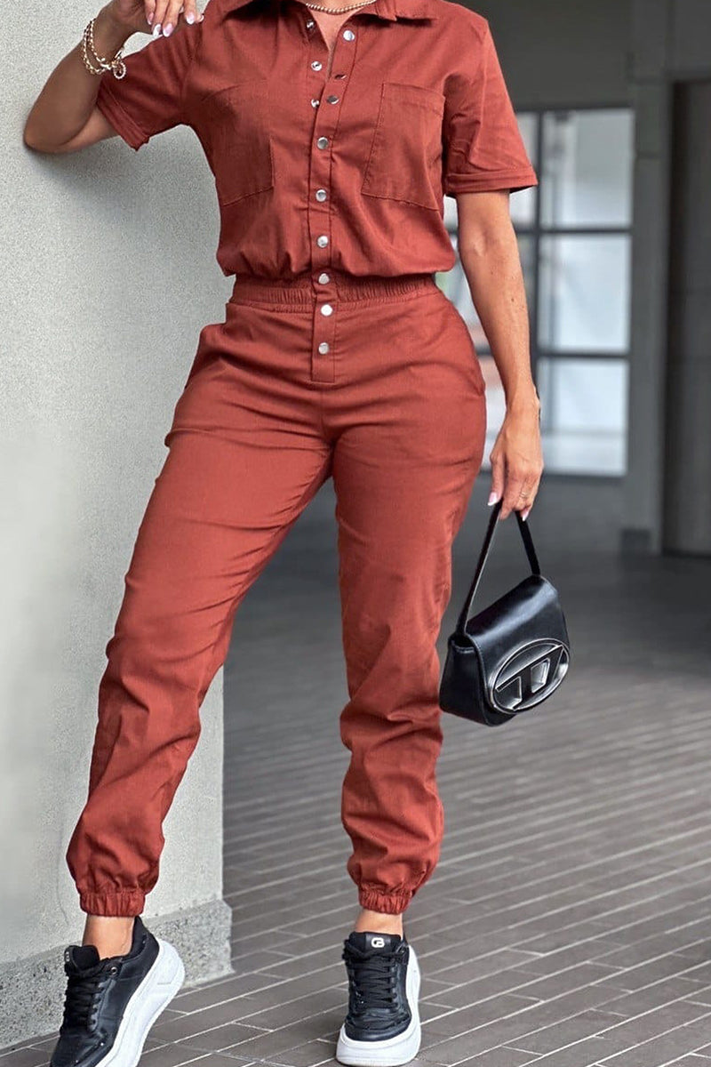 Casual Pocket Buckle Patchwork Turndown Collar Regular Jumpsuits(4 Colors)