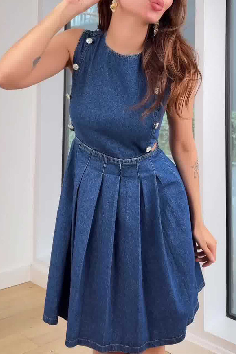 Casual Hollow Out Ruched Zipper O Neck Sleeveless Denim Dresses