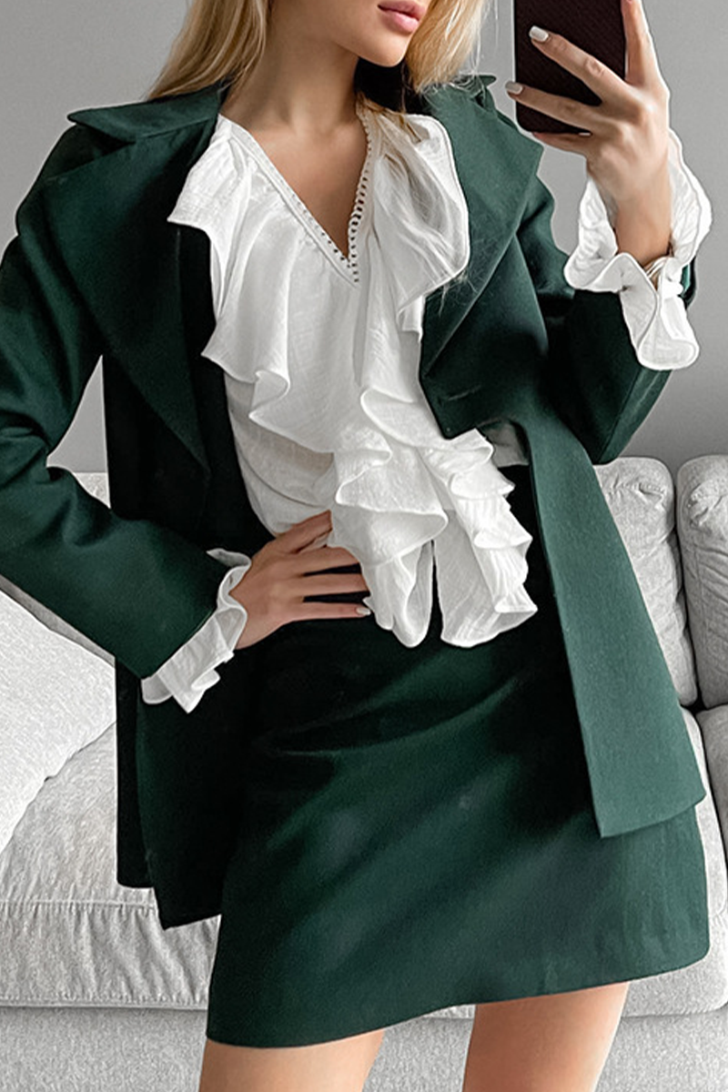 Casual Solid Color Ruffle V Neck Blouses