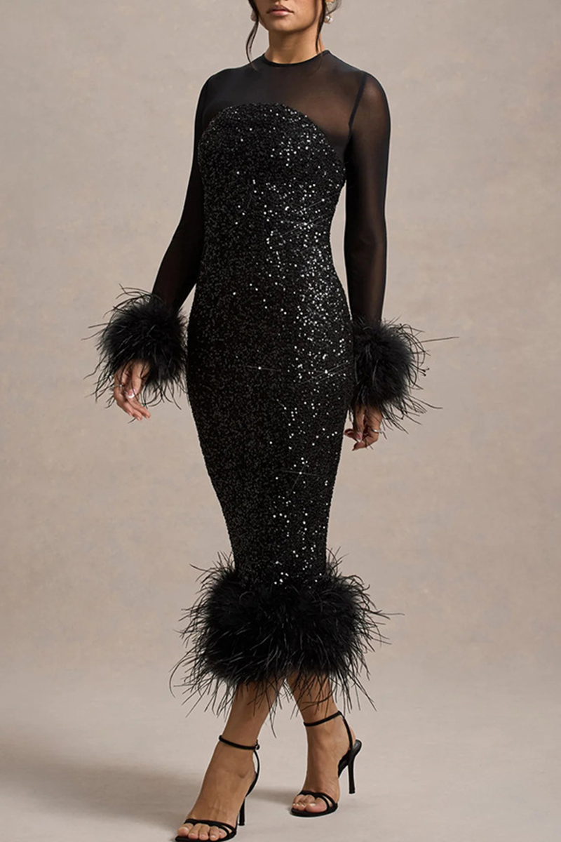 Sexy Party Sequins Feather Trim O Neck Evening Dresses