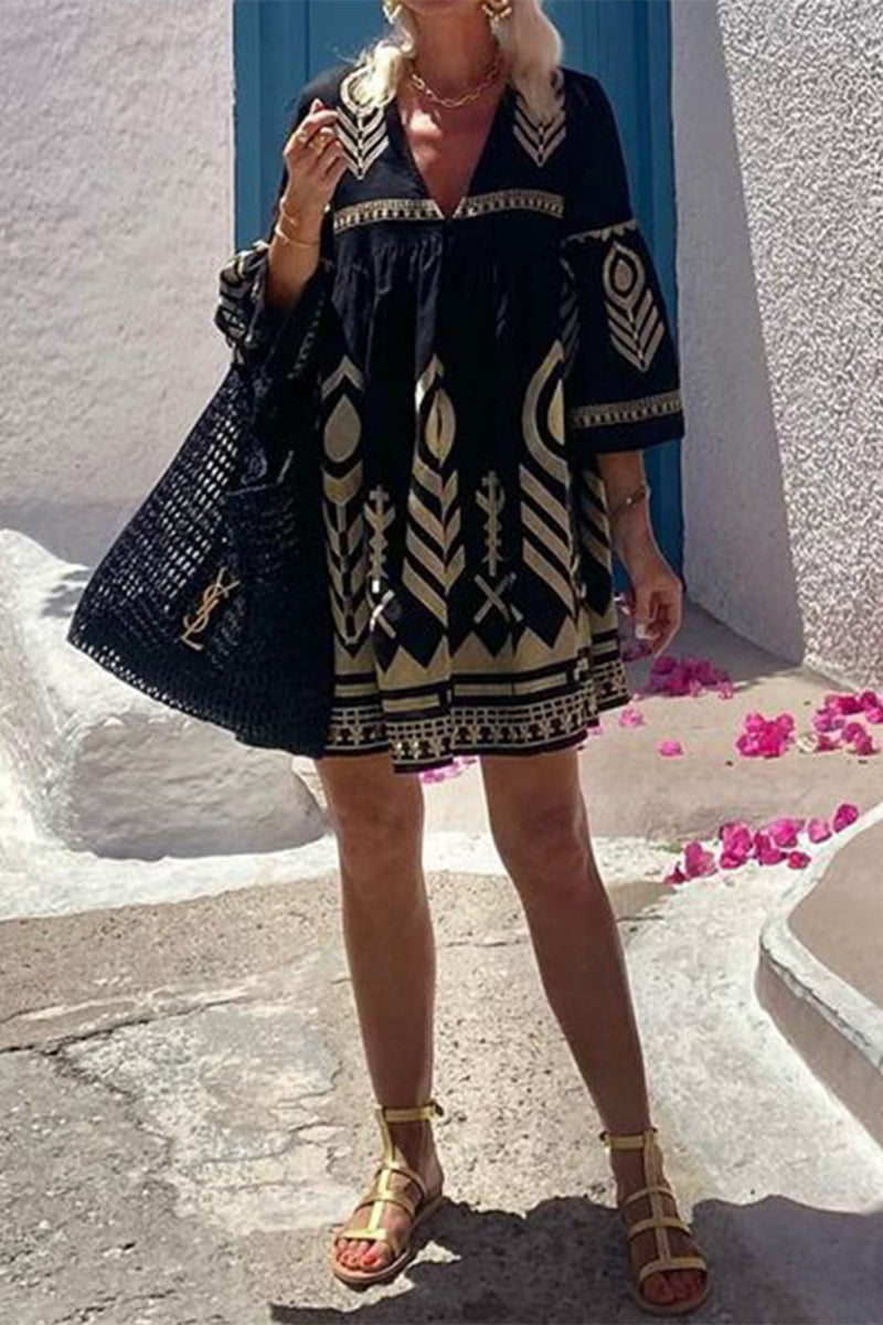 Casual Geometric Print Ruffle V Neck Printed Dresses