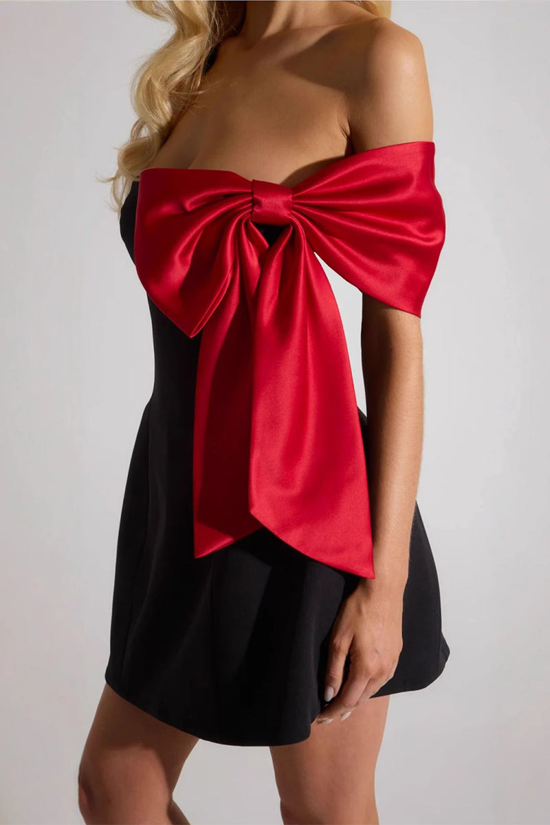 Sexy Bow Patchwork Contrast Off Shoulder Evening Dresses