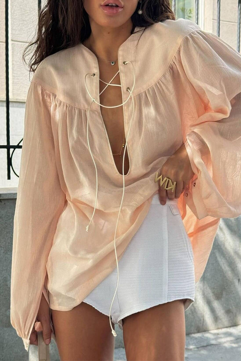 Casual Solid Color Lace Up O Neck Blouses