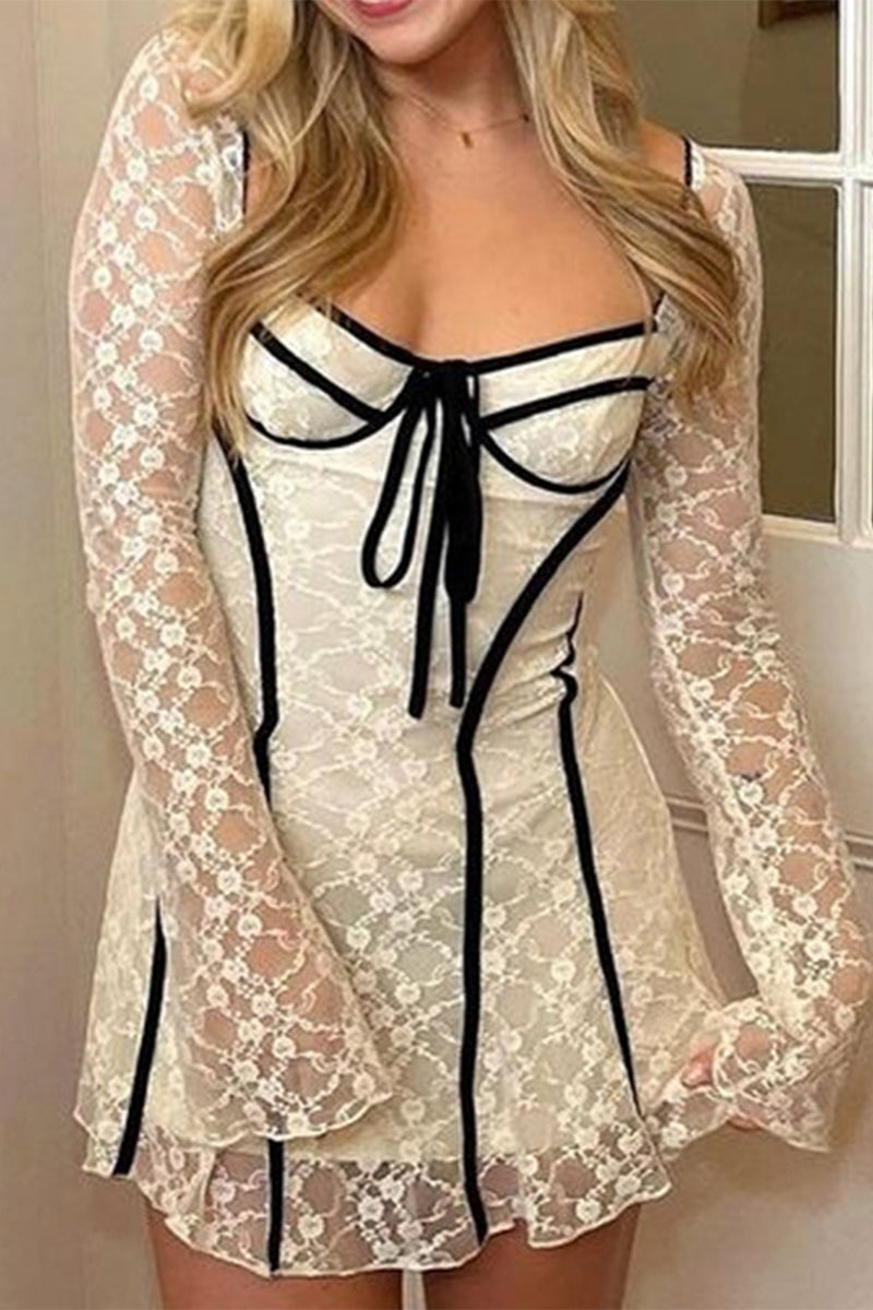 Sexy Lace Lace Up Patchwork Square Neck A Line Dresses