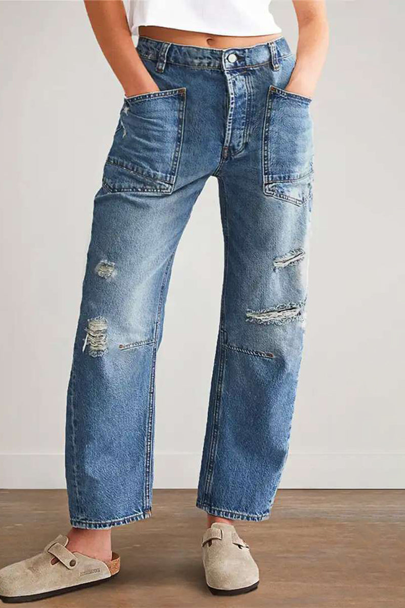 Street Ripped Distressed Pocket Mid Waist Denim Jeans