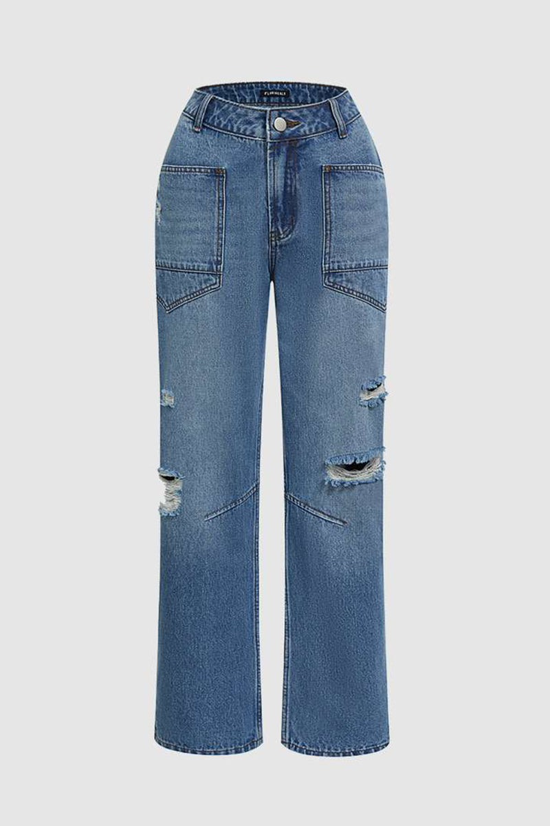 Street Ripped Distressed Pocket Mid Waist Denim Jeans