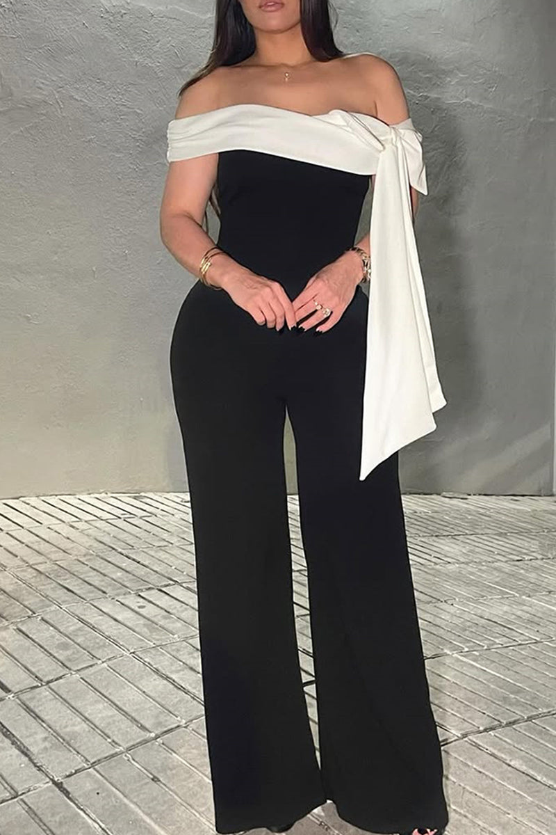 Casual Bow Patchwork Backless Off Shoulder Jumpsuits