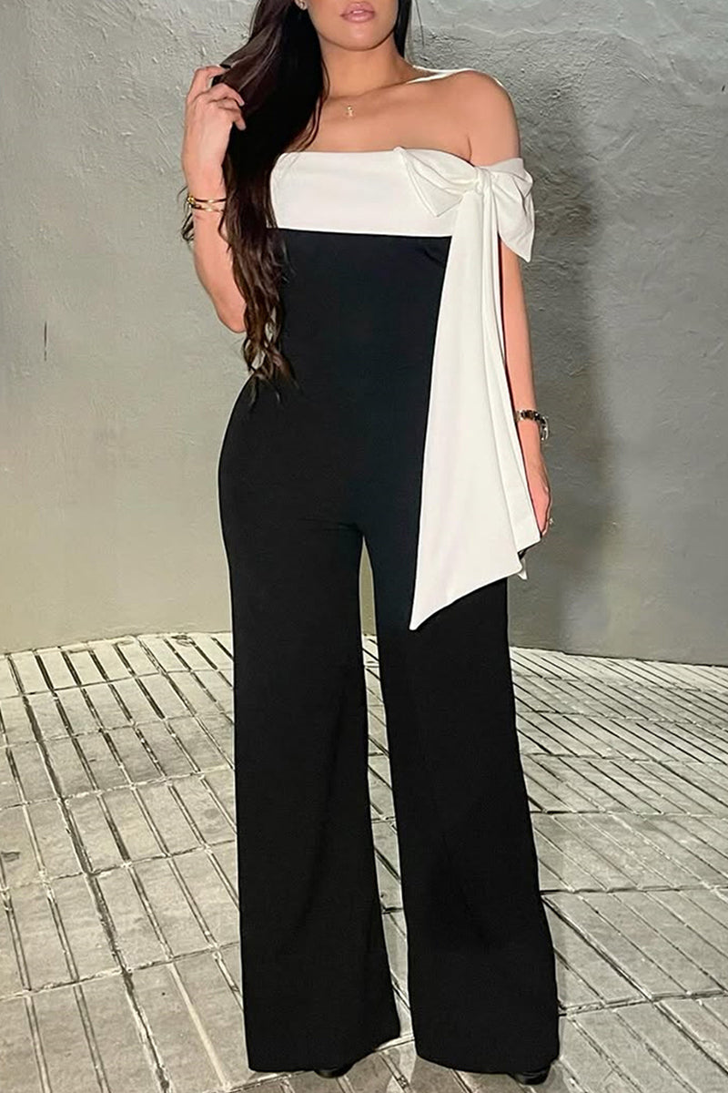 Casual Bow Patchwork Backless Off Shoulder Jumpsuits