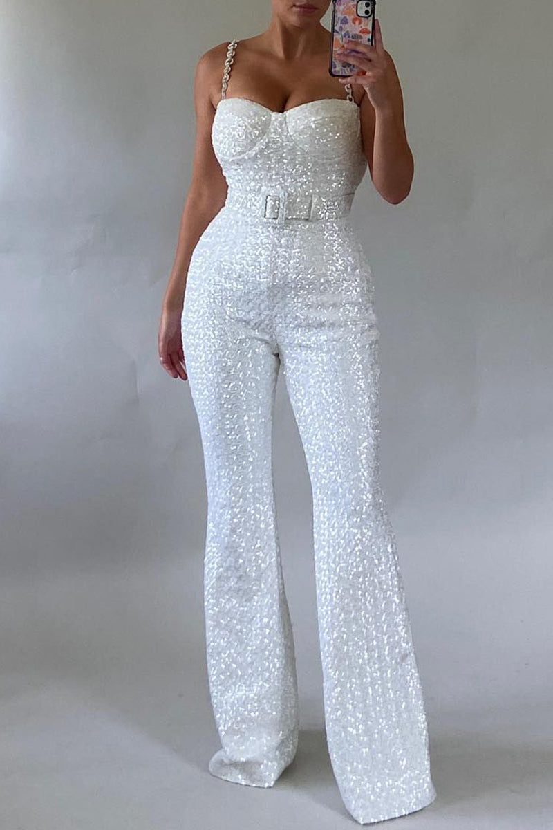 Casual Sequins With Belt Spaghetti Strap Jumpsuits