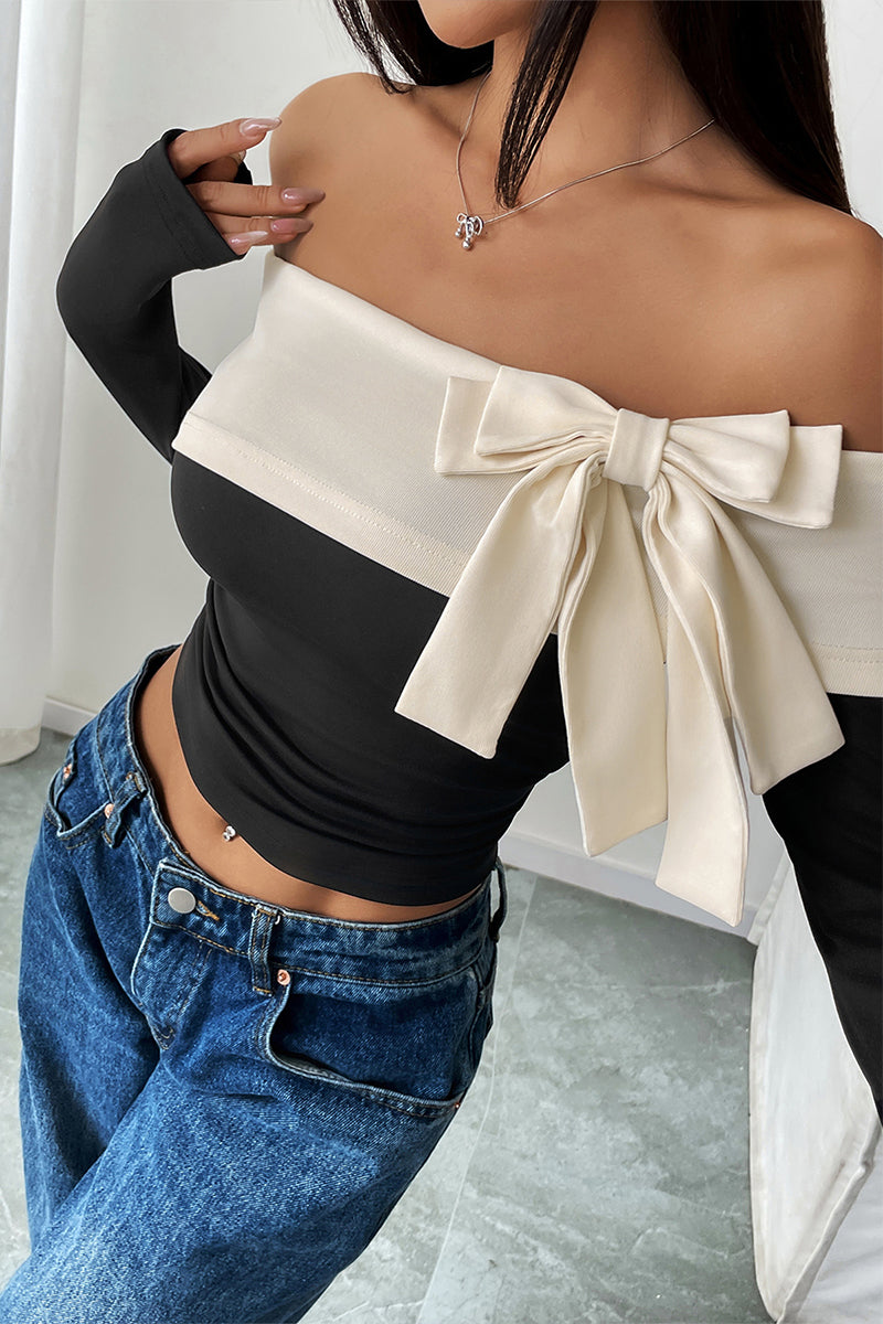 Sexy Solid Color Bow Decor Off Shoulder Tops