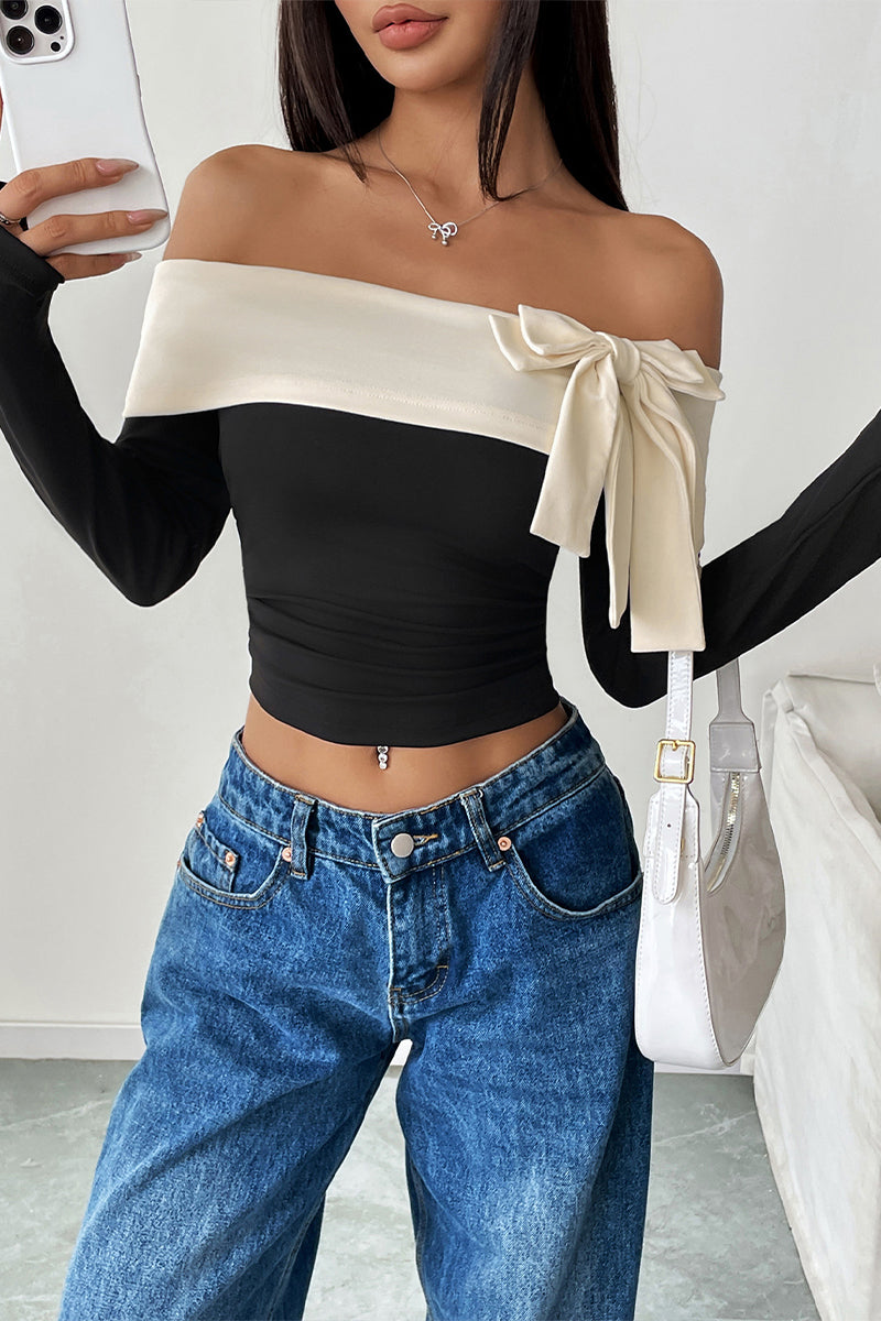 Sexy Solid Color Bow Decor Off Shoulder Tops