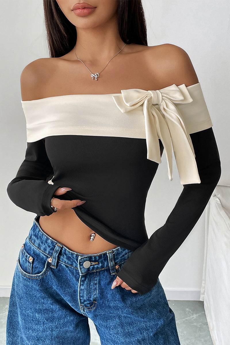 Sexy Solid Color Bow Decor Off Shoulder Tops