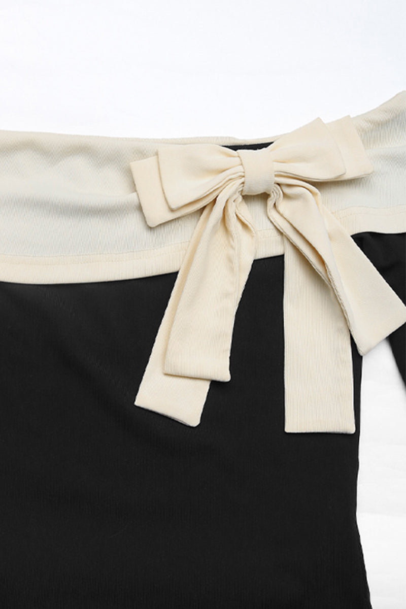 Sexy Solid Color Bow Decor Off Shoulder Tops