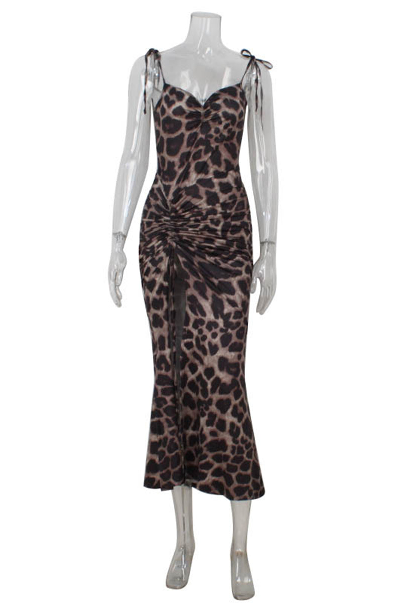 Sexy Leopard Draw String Irregular V Neck Irregular Dresses