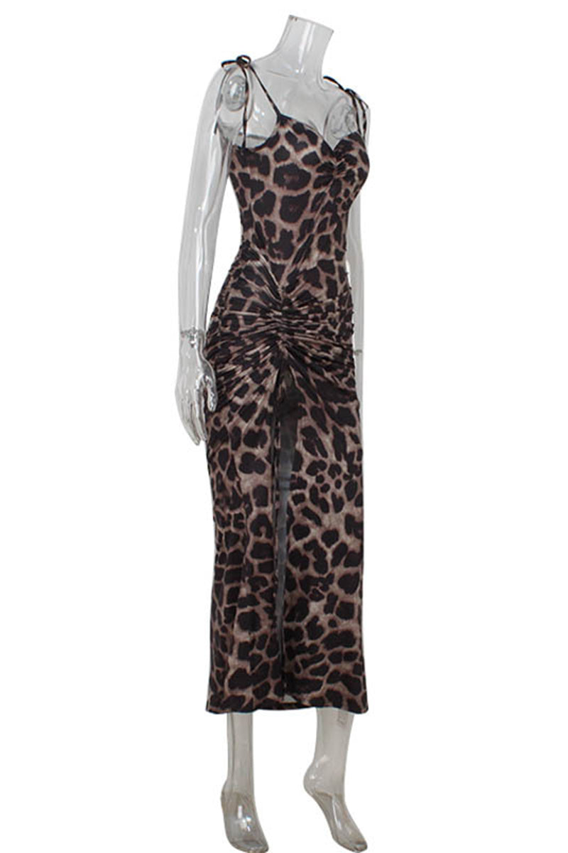 Sexy Leopard Draw String Irregular V Neck Irregular Dresses