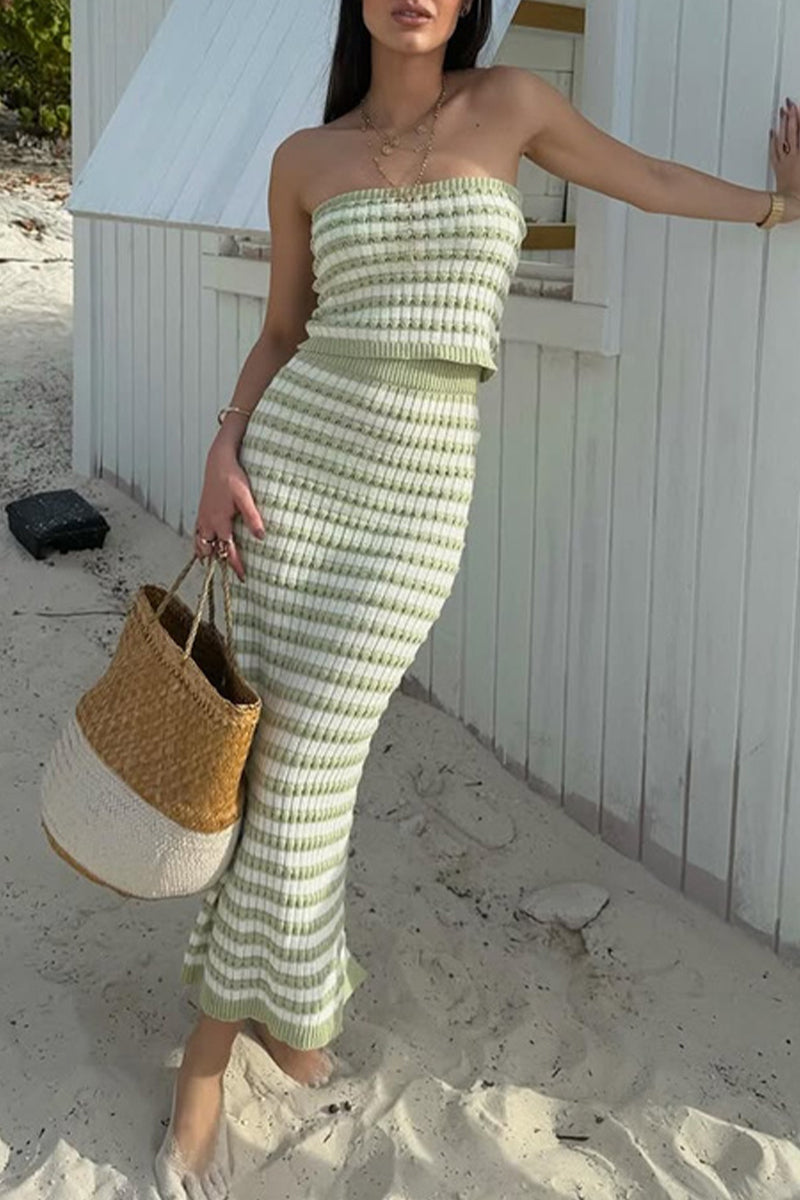 Sexy Stripe Weave Contrast Strapless Sleeveless Two Pieces