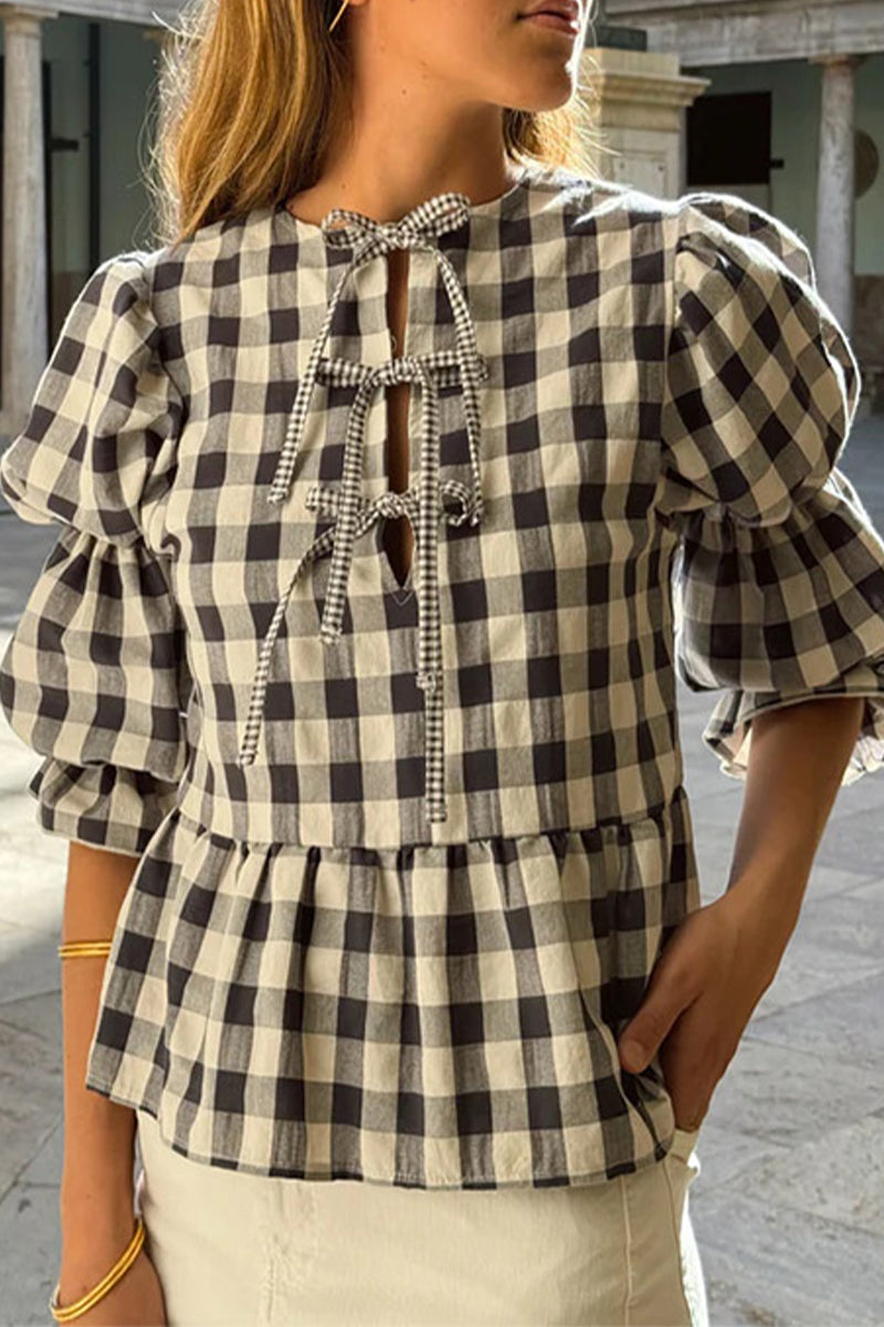 Casual Plaid Lace Up Contrast O Neck Blouses