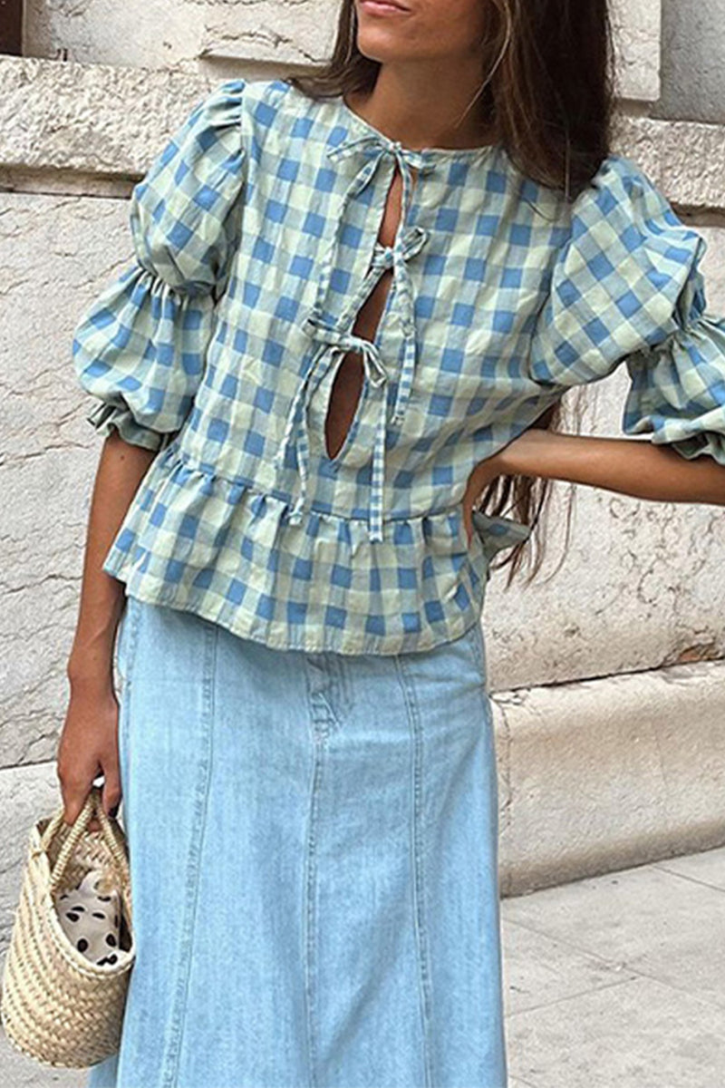 Casual Plaid Lace Up Contrast O Neck Blouses