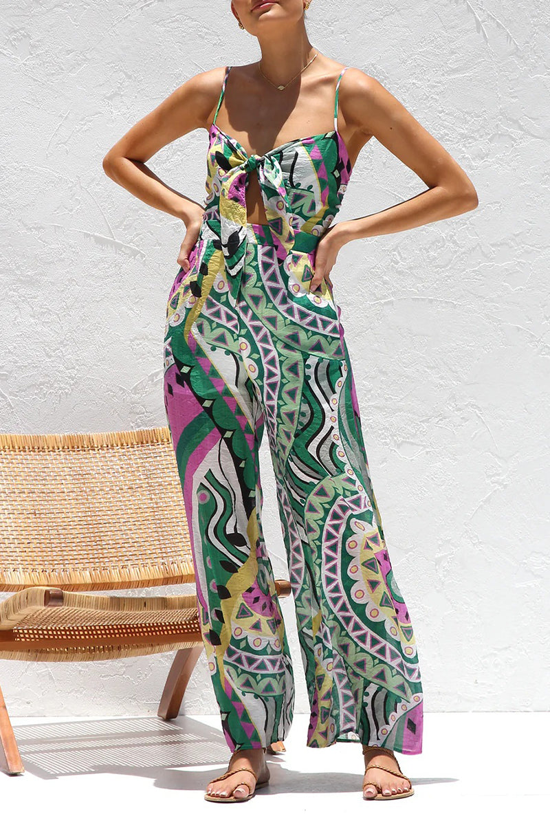 Vacation Geometric Print Pocket Contrast V Neck Loose Jumpsuits