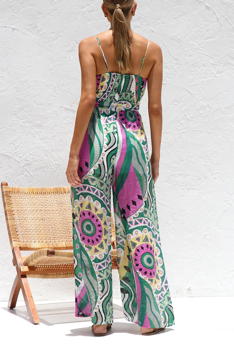 Vacation Geometric Print Pocket Contrast V Neck Loose Jumpsuits