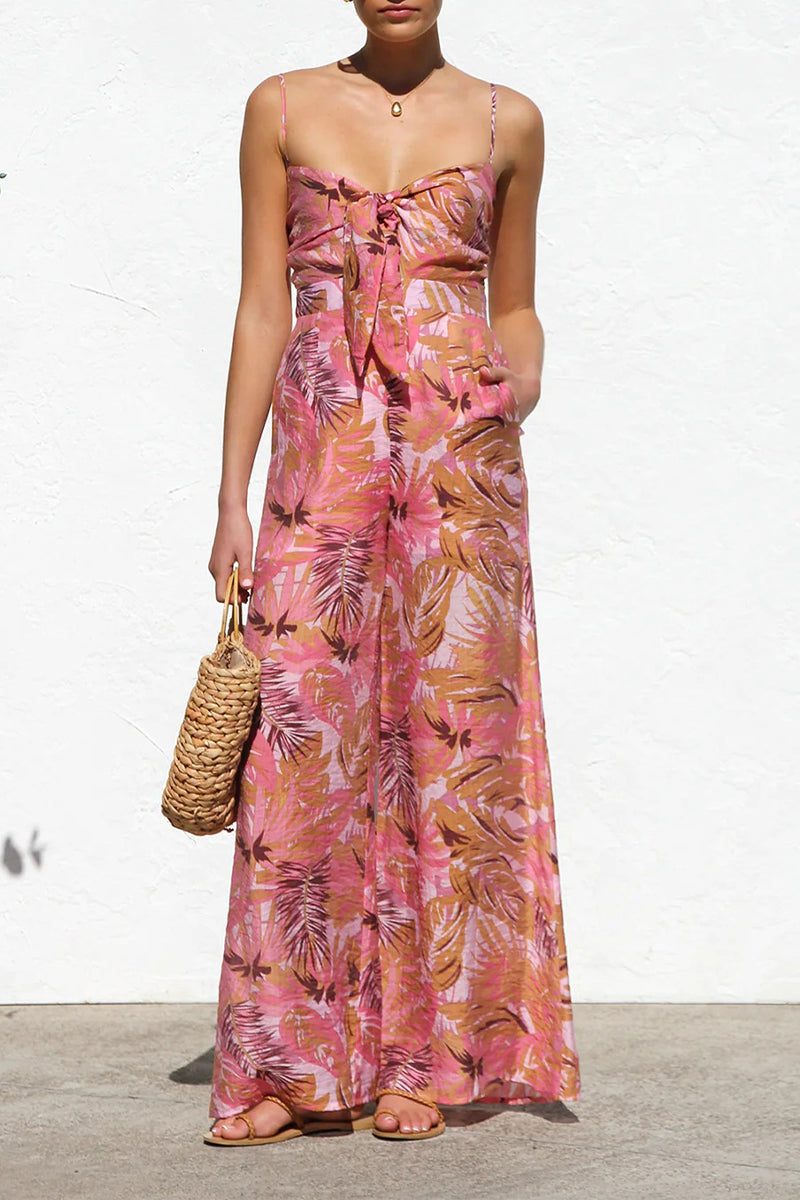 Vacation Floral Print Pocket Contrast V Neck Loose Jumpsuits