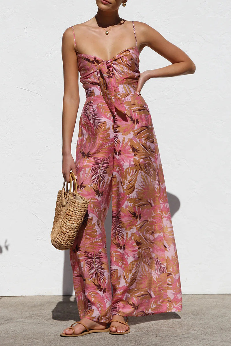 Vacation Floral Print Pocket Contrast V Neck Loose Jumpsuits