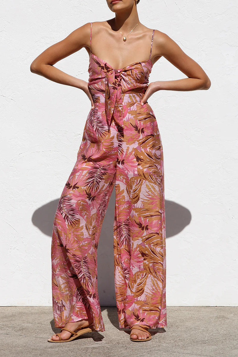 Vacation Floral Print Pocket Contrast V Neck Loose Jumpsuits