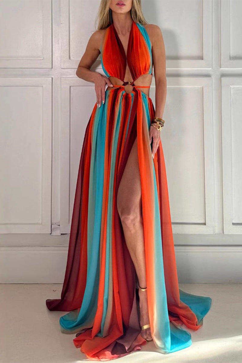 Sexy Stripe Patchwork Backless Contrast Halter Long Dresses