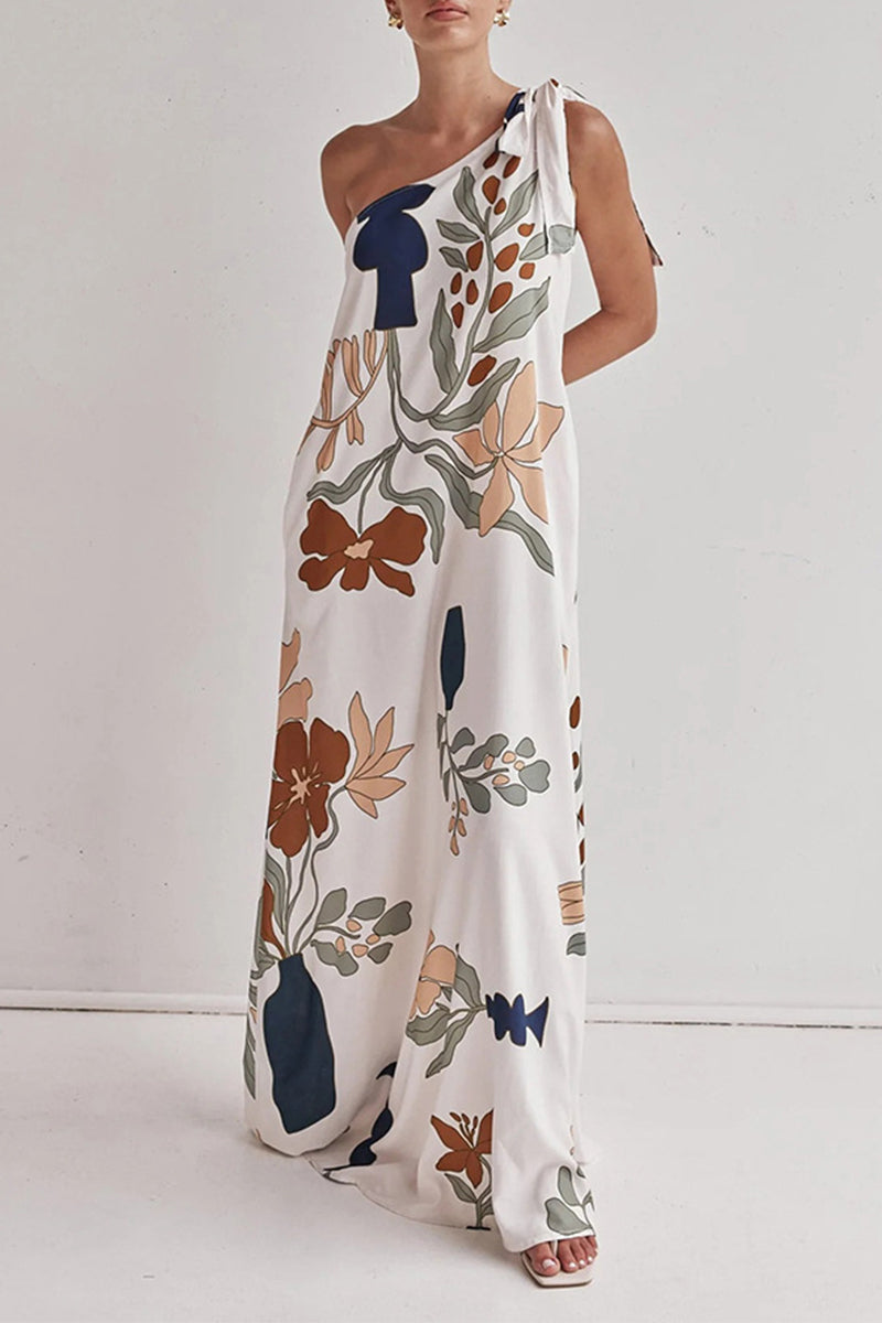 Sexy Floral Print Pocket Lace Up Sloping Shoulder Long Dresses