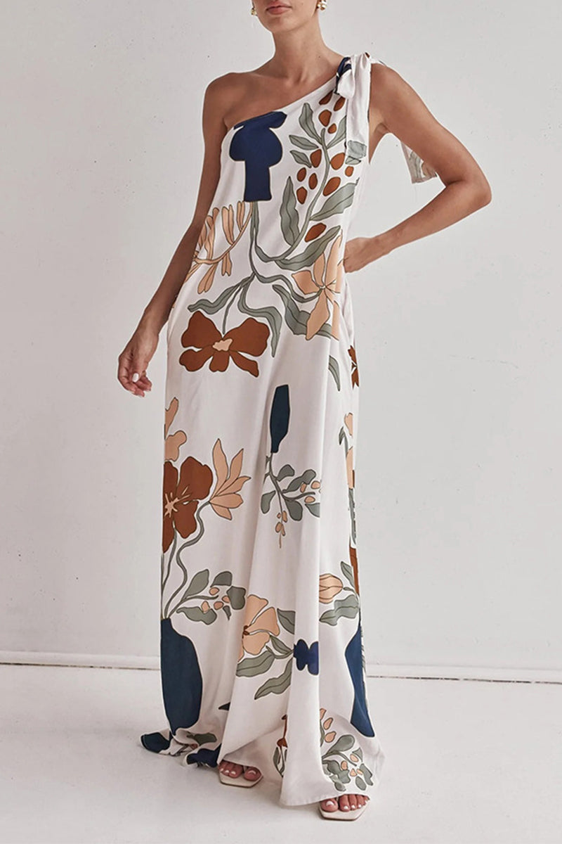 Sexy Floral Print Pocket Lace Up Sloping Shoulder Long Dresses