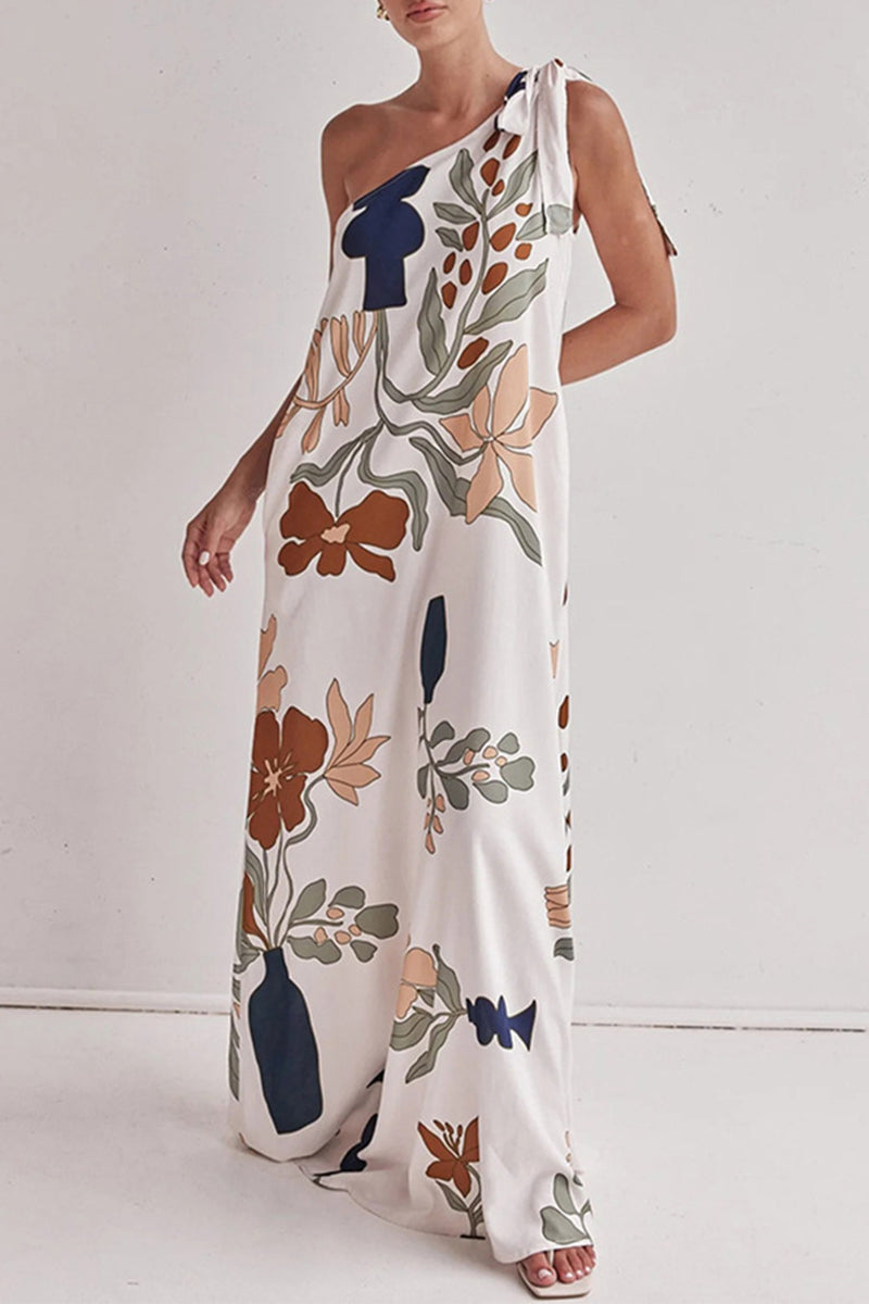 Sexy Floral Print Pocket Lace Up Sloping Shoulder Long Dresses