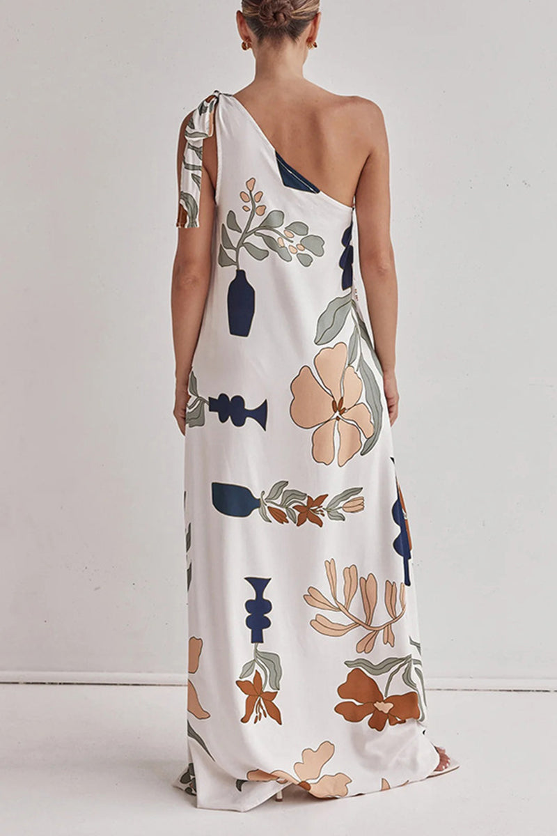 Sexy Floral Print Pocket Lace Up Sloping Shoulder Long Dresses