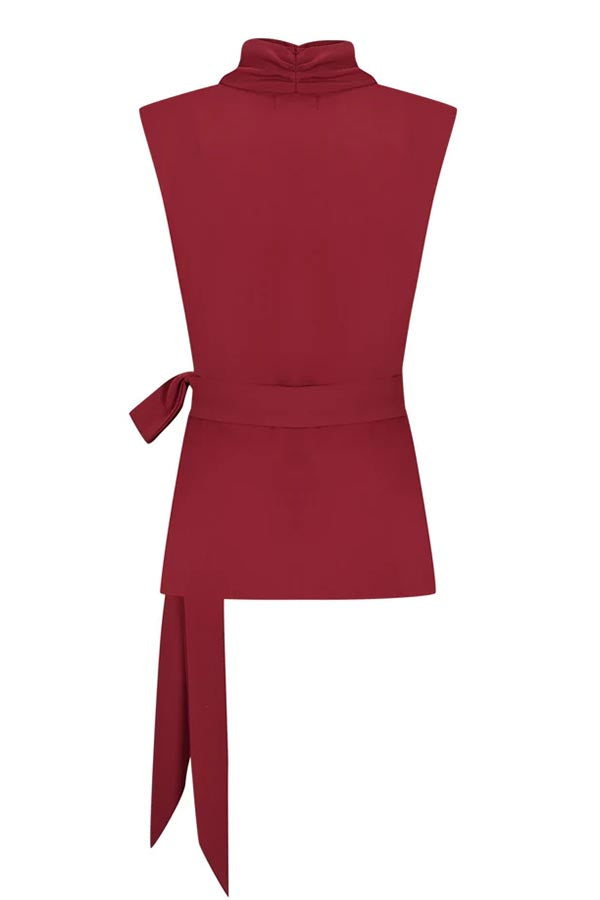 Calvi Ruched Neck Wrap Tie-up Blouse and High-waisted Slit Pencil Maxi Skirt Set