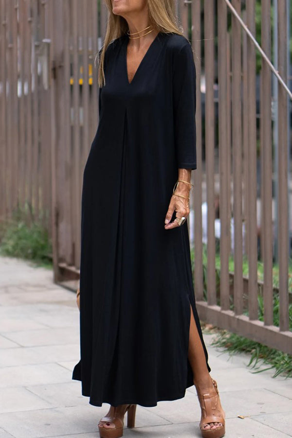 Solid Color V-neck Casual Slit Maxi Dress