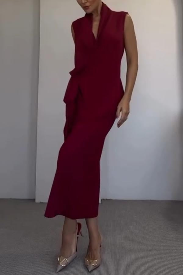 Calvi Ruched Neck Wrap Tie-up Blouse and High-waisted Slit Pencil Maxi Skirt Set