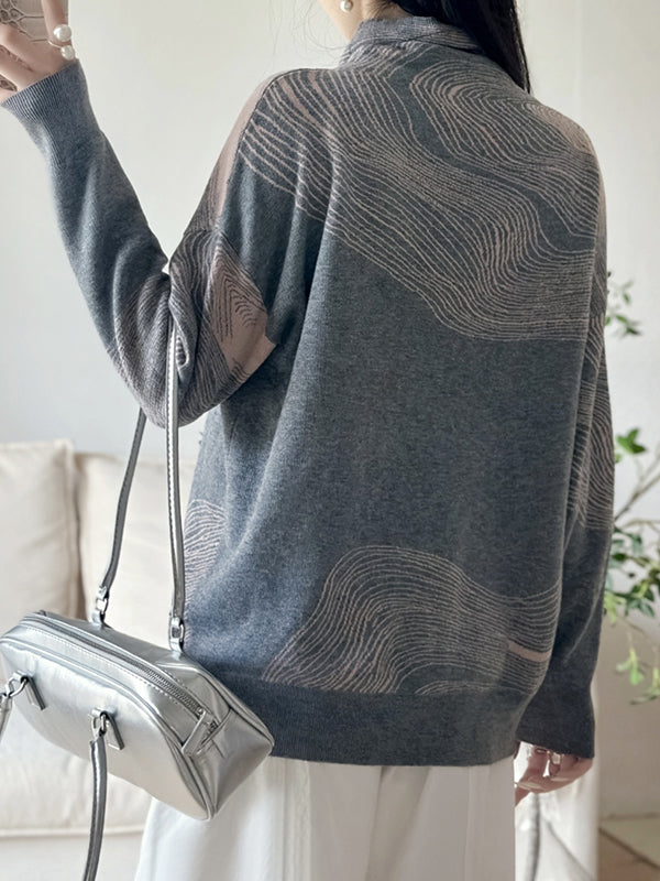 Long Sleeves Loose Contrast Color High Neck Pullovers Sweater Tops