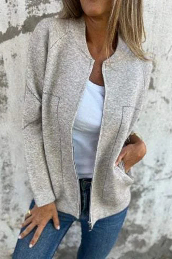 Solid Color Casual Long Sleeve Zippered Loose Pocket Jacket