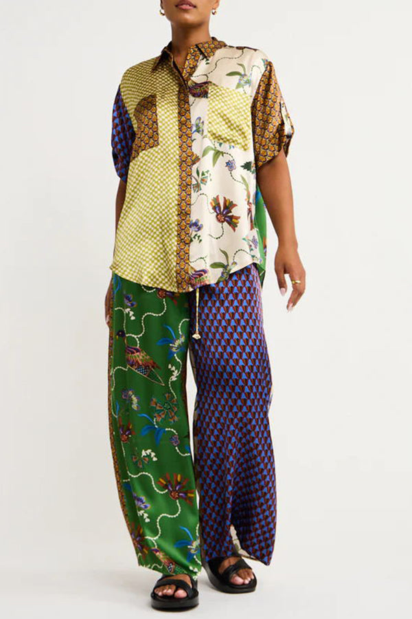 Nia Satin Unique Print Patchwork Elastic Waist Pocketed Wide Leg Pants