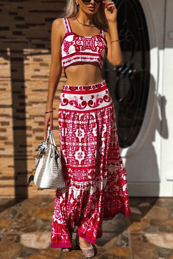 Unique Printed Sexy Sling Tank and Elastic Waist Large Hem Maxi Skirt Set