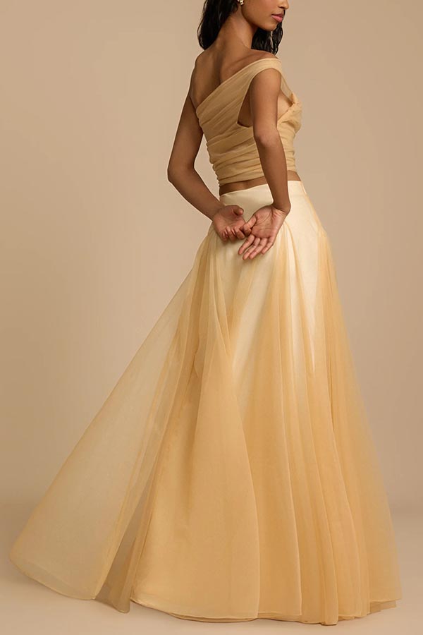 Romance Factor Satin Patchwork Tulle High-waisted Elastic Waist A-line Maxi Skirt