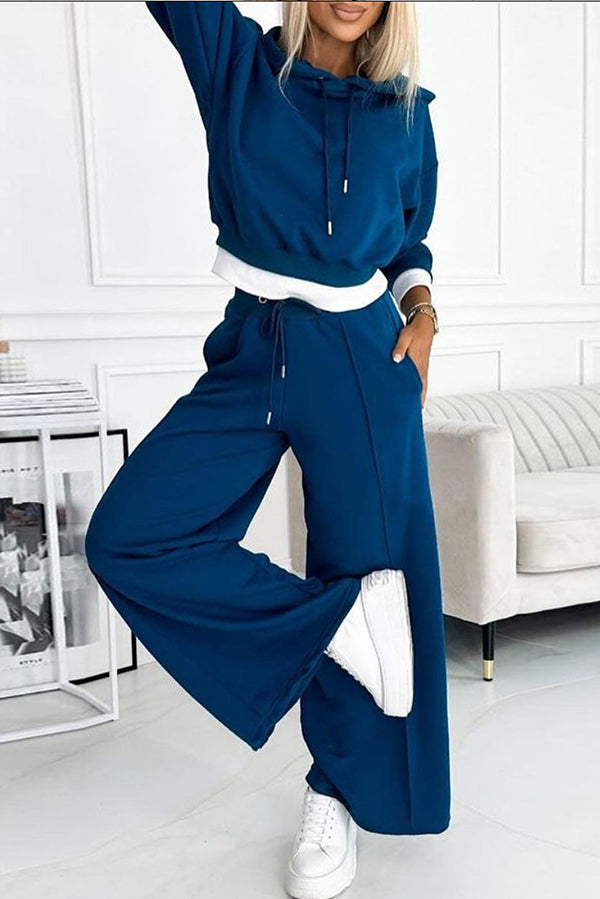 Stylish Patchwork Hooded Sweatshirt and Elastic Waist Tie Pockets Wide Leg Pants Set