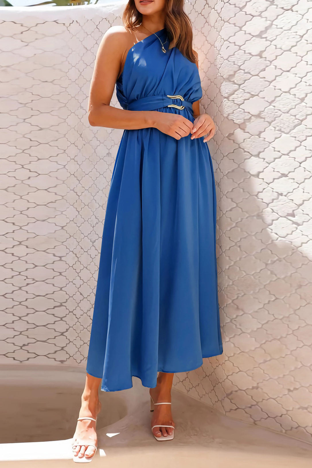 Casual Solid Color One Shoulder Belted Maxi Dress