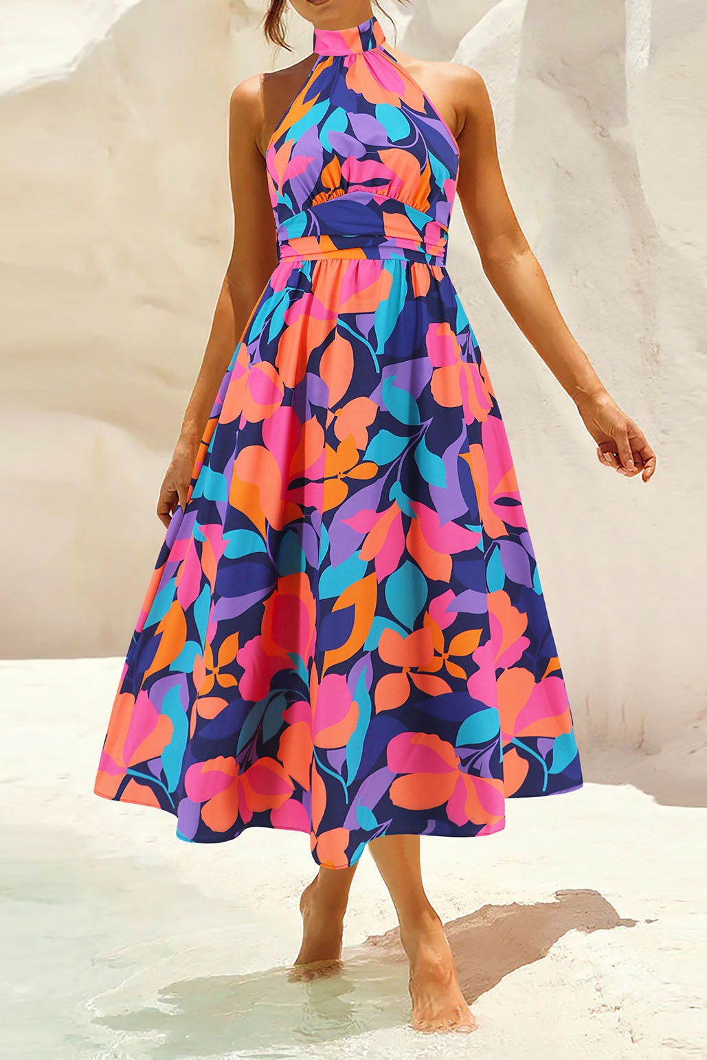 Sleeveless Halter Neck Floral High Waist Maxi Dress